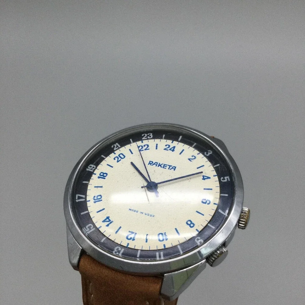 Vintage Raketa Mens Watch 40mm Silver Tone Cream 24 Hour Dial Manual USSR